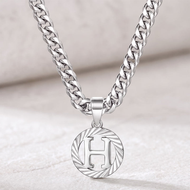 HilalHaven Minimal Engraved Initial Sun‑Ray Disc Heavy Cuban‑Chain Necklace - Silver - H - image 35