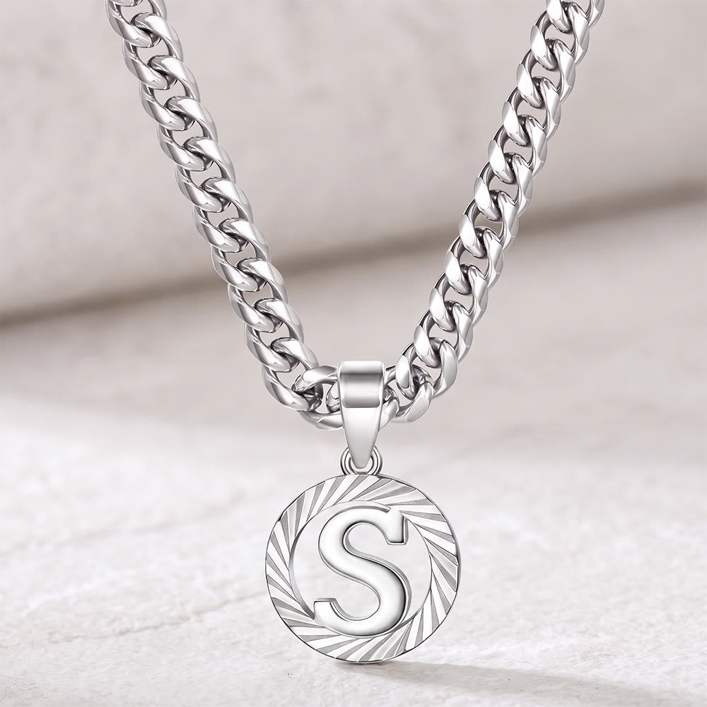 HilalHaven Minimal Engraved Initial Sun‑Ray Disc Heavy Cuban‑Chain Necklace - Silver - S - image 46