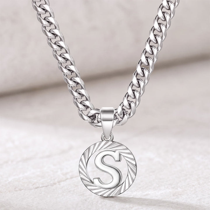 HilalHaven Minimal Engraved Initial Sun‑Ray Disc Heavy Cuban‑Chain Necklace - Silver - S - image 46