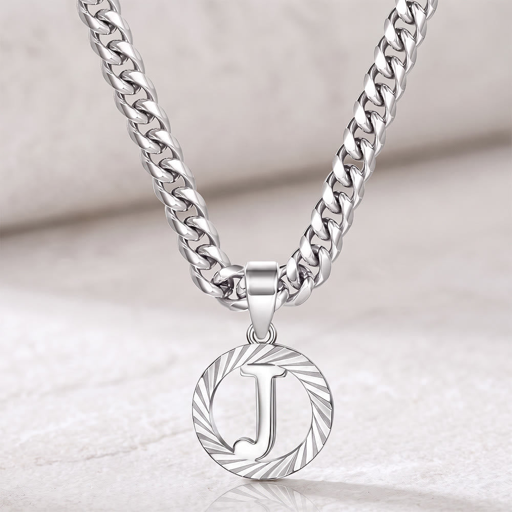 HilalHaven Minimal Engraved Initial Sun‑Ray Disc Heavy Cuban‑Chain Necklace - Silver - J - image 37