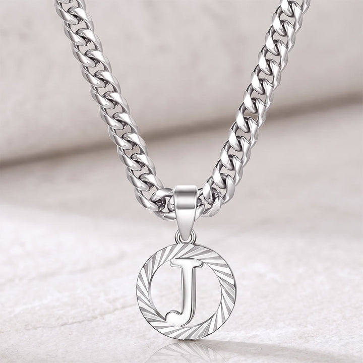 HilalHaven Minimal Engraved Initial Sun‑Ray Disc Heavy Cuban‑Chain Necklace - Silver - J - image 37