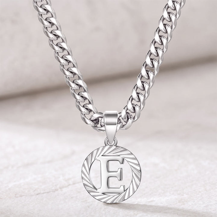 HilalHaven Minimal Engraved Initial Sun‑Ray Disc Heavy Cuban‑Chain Necklace - Silver - E - image 32