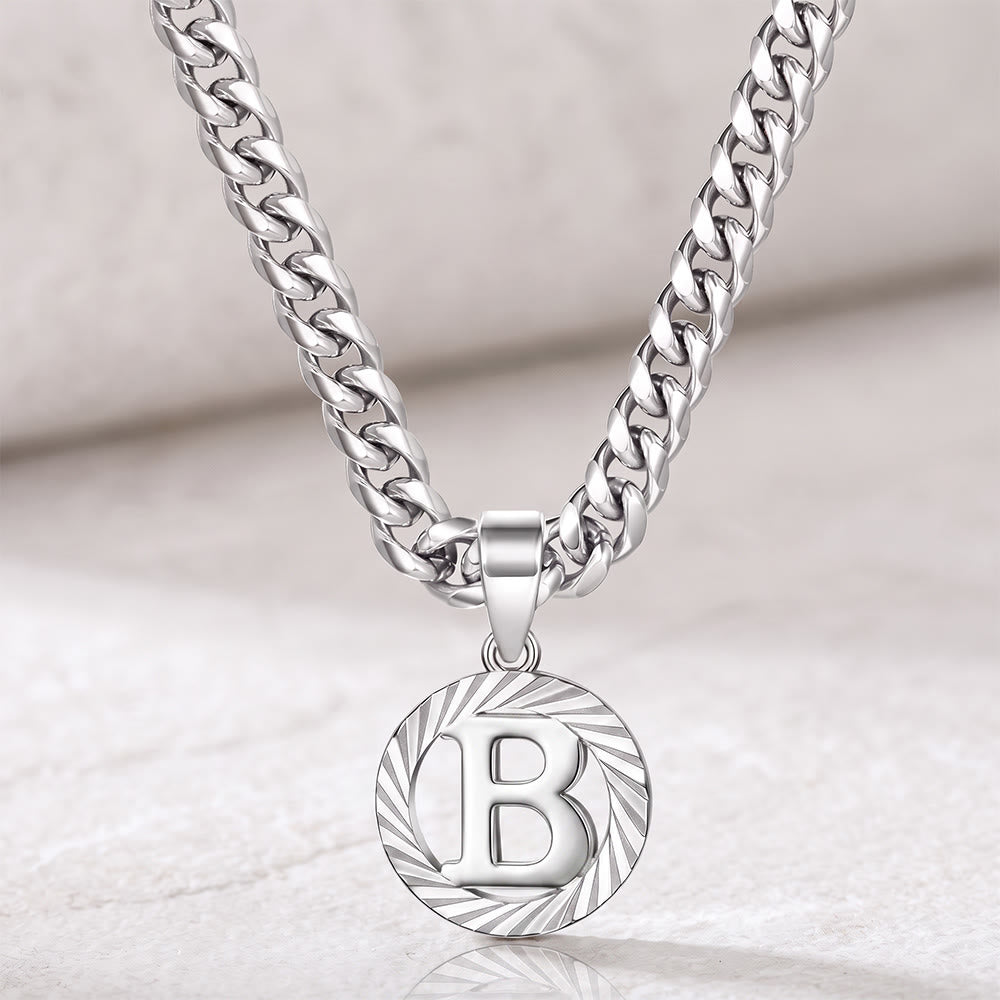HilalHaven Minimal Engraved Initial Sun‑Ray Disc Heavy Cuban‑Chain Necklace - Silver - B - image 29