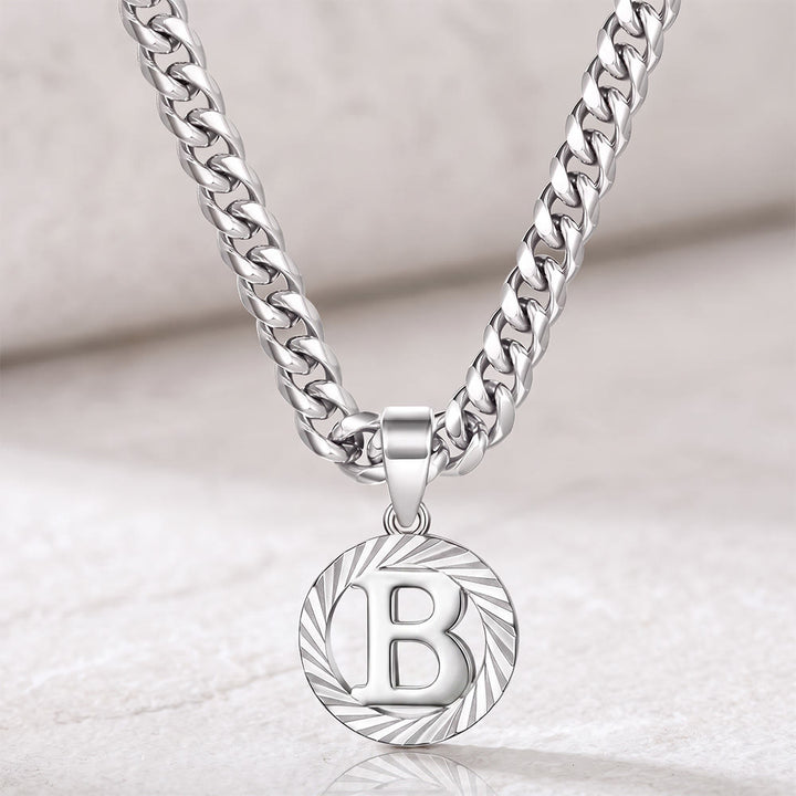 HilalHaven Minimal Engraved Initial Sun‑Ray Disc Heavy Cuban‑Chain Necklace - Silver - B - image 29