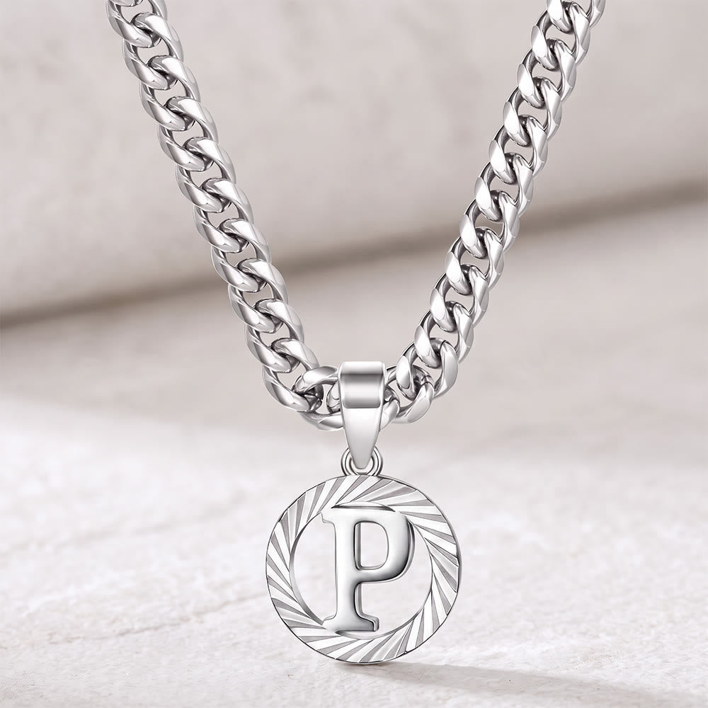 HilalHaven Minimal Engraved Initial Sun‑Ray Disc Heavy Cuban‑Chain Necklace - Silver - P - image 43