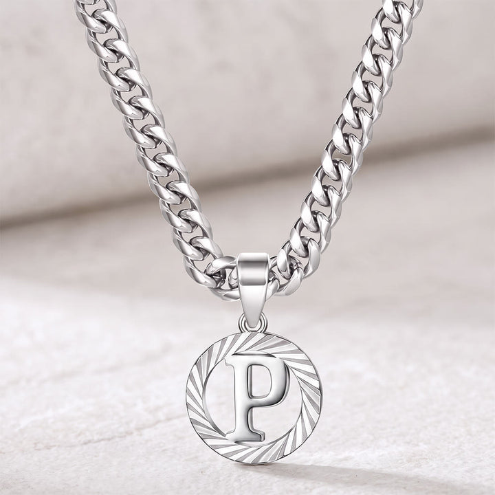 HilalHaven Minimal Engraved Initial Sun‑Ray Disc Heavy Cuban‑Chain Necklace - Silver - P - image 43