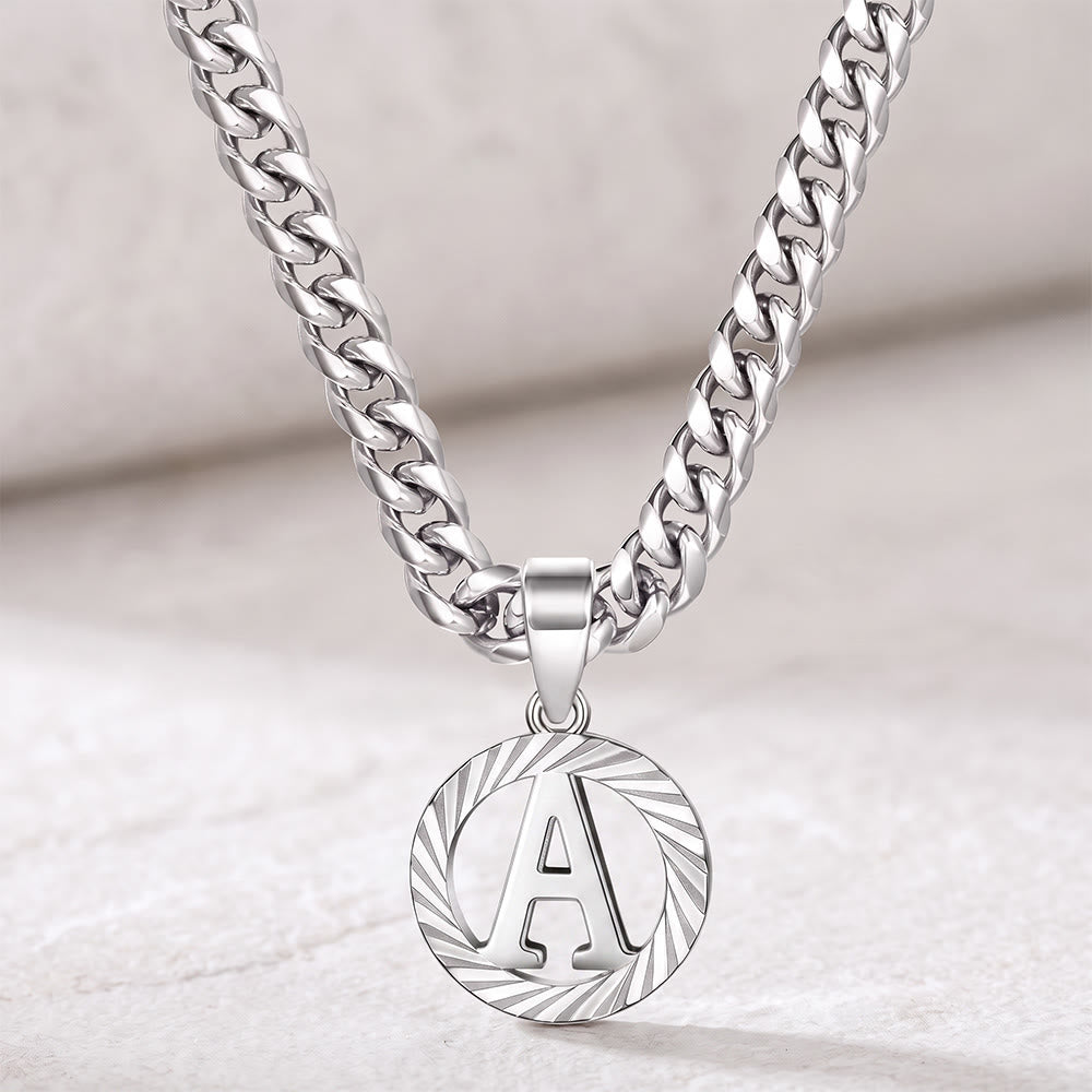 HilalHaven Minimal Engraved Initial Sun‑Ray Disc Heavy Cuban‑Chain Necklace - Silver - A - image 28