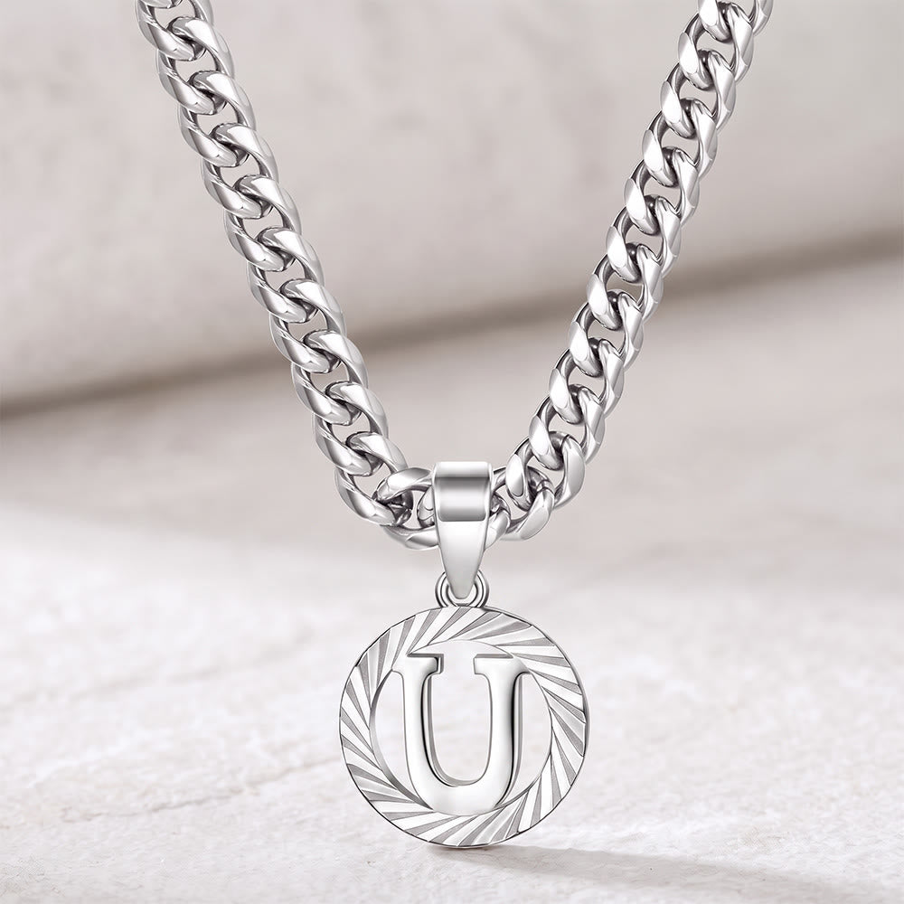 HilalHaven Minimal Engraved Initial Sun‑Ray Disc Heavy Cuban‑Chain Necklace - Silver - U - image 48