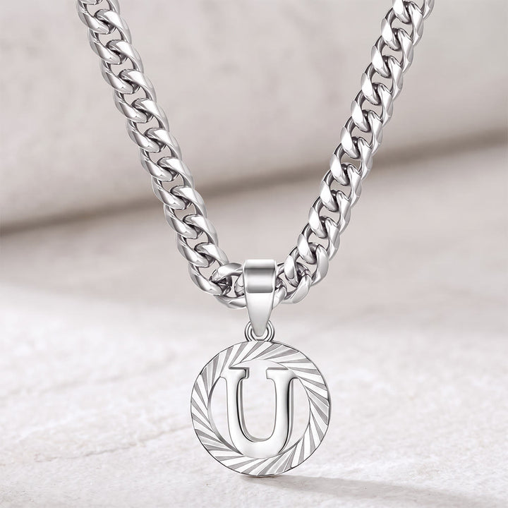 HilalHaven Minimal Engraved Initial Sun‑Ray Disc Heavy Cuban‑Chain Necklace - Silver - U - image 48