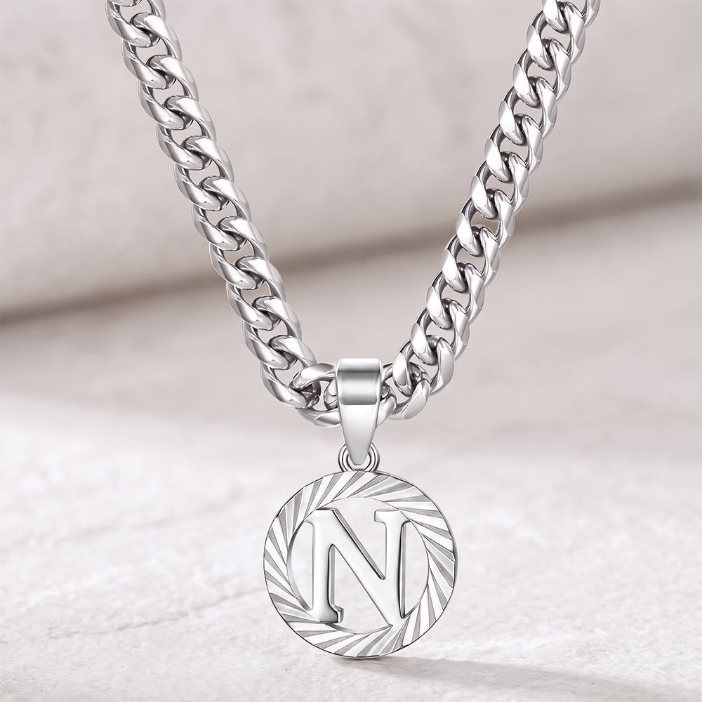 HilalHaven Minimal Engraved Initial Sun‑Ray Disc Heavy Cuban‑Chain Necklace - Silver - N - image 41