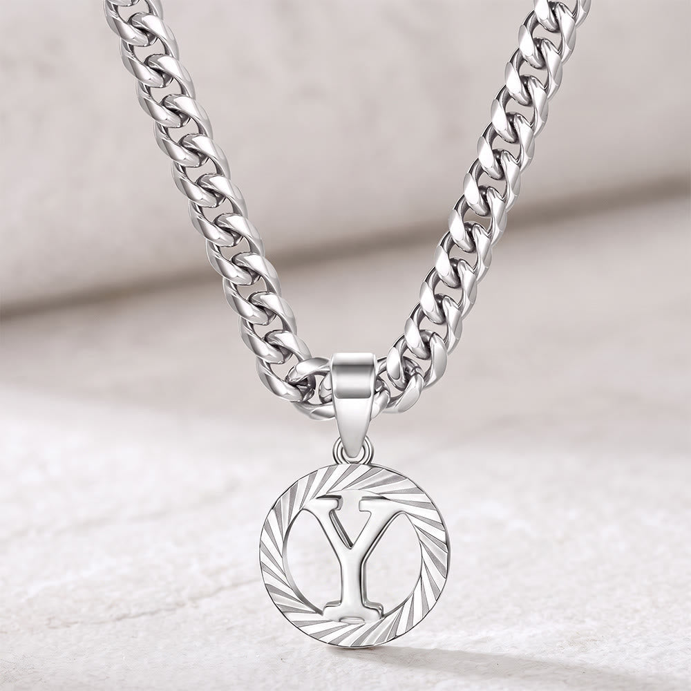 HilalHaven Minimal Engraved Initial Sun‑Ray Disc Heavy Cuban‑Chain Necklace - Silver - Y - image 52