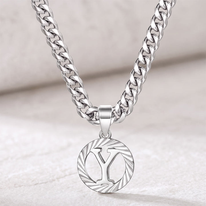 HilalHaven Minimal Engraved Initial Sun‑Ray Disc Heavy Cuban‑Chain Necklace - Silver - Y - image 52
