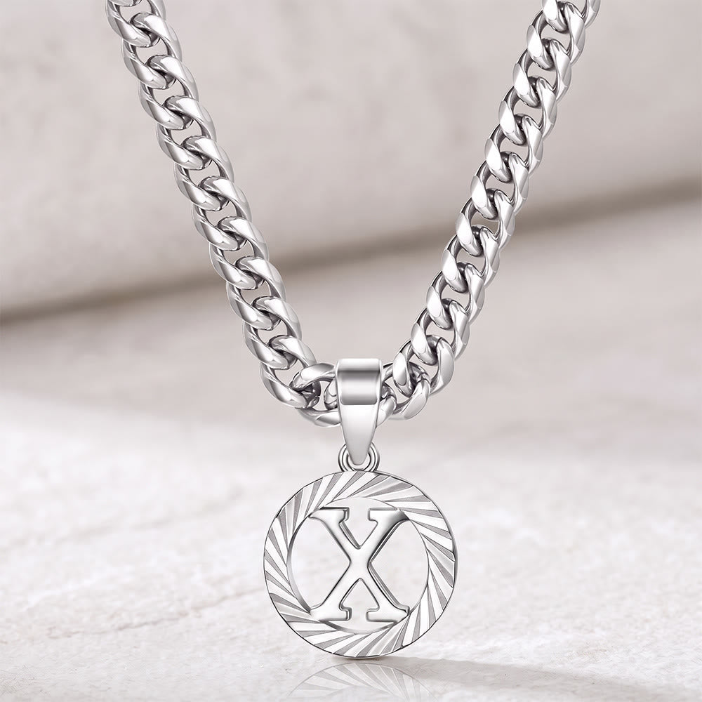 HilalHaven Minimal Engraved Initial Sun‑Ray Disc Heavy Cuban‑Chain Necklace - Silver - X - image 51