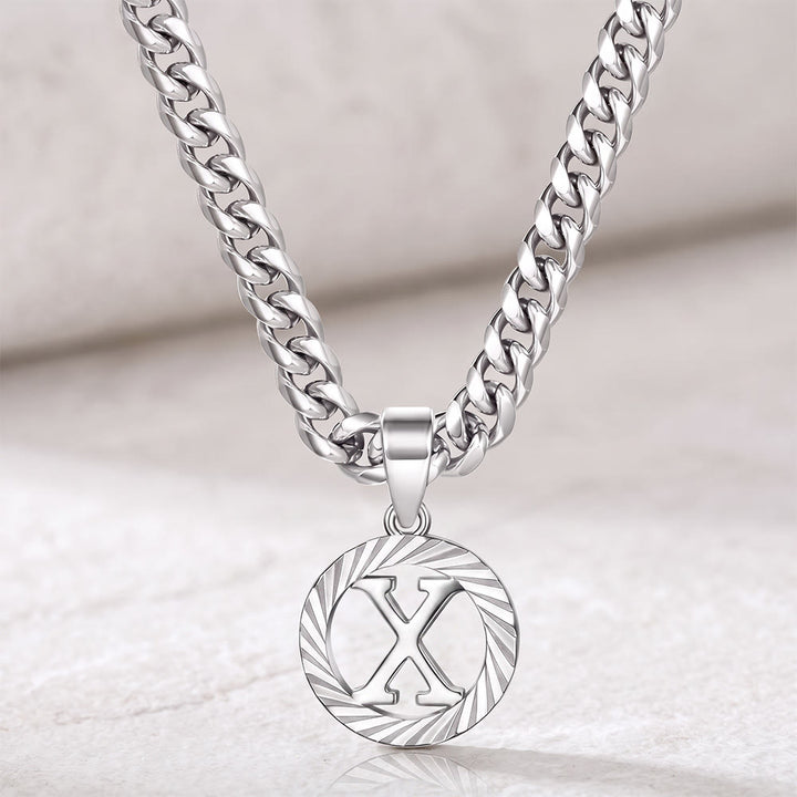HilalHaven Minimal Engraved Initial Sun‑Ray Disc Heavy Cuban‑Chain Necklace - Silver - X - image 51