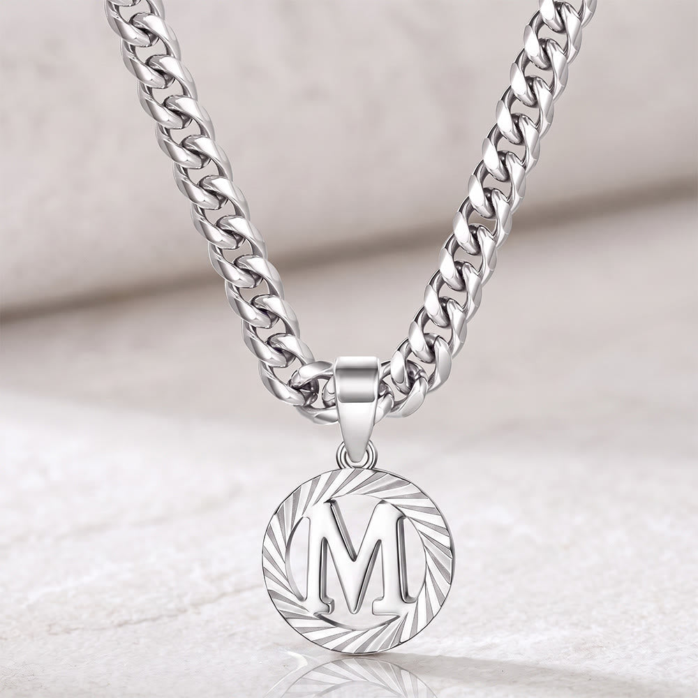 HilalHaven Minimal Engraved Initial Sun‑Ray Disc Heavy Cuban‑Chain Necklace - Silver - M - image 40