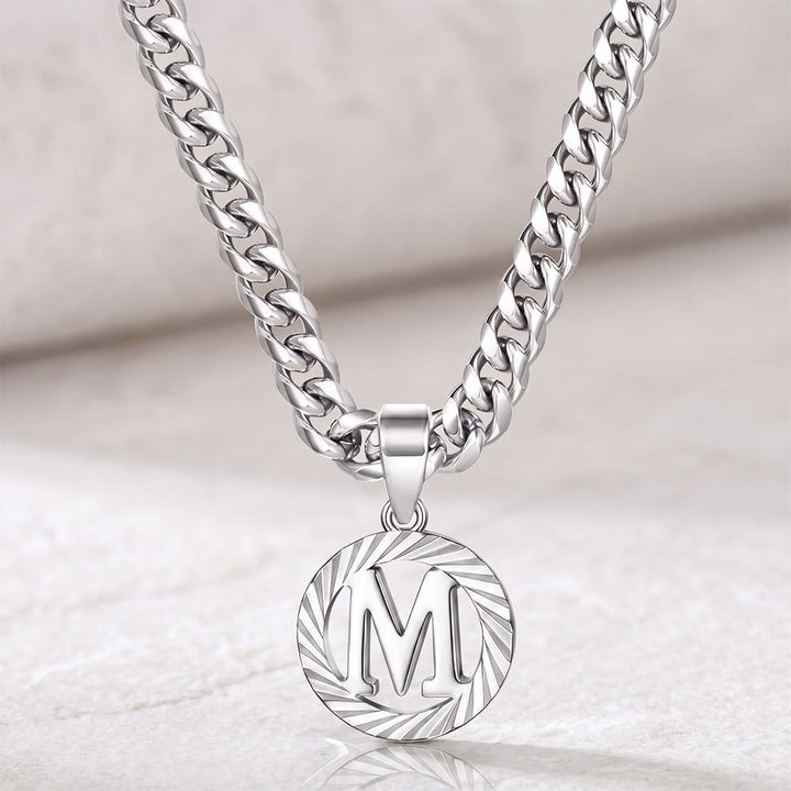 HilalHaven Minimal Engraved Initial Sun‑Ray Disc Heavy Cuban‑Chain Necklace - Silver - M - image 40