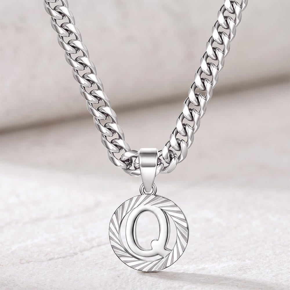 HilalHaven Minimal Engraved Initial Sun‑Ray Disc Heavy Cuban‑Chain Necklace - Silver - Q - image 44