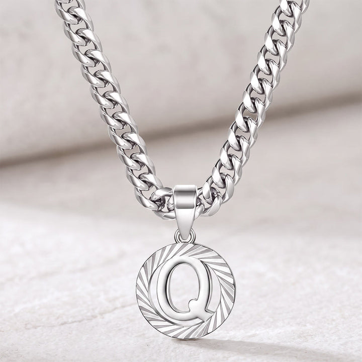 HilalHaven Minimal Engraved Initial Sun‑Ray Disc Heavy Cuban‑Chain Necklace - Silver - Q - image 44