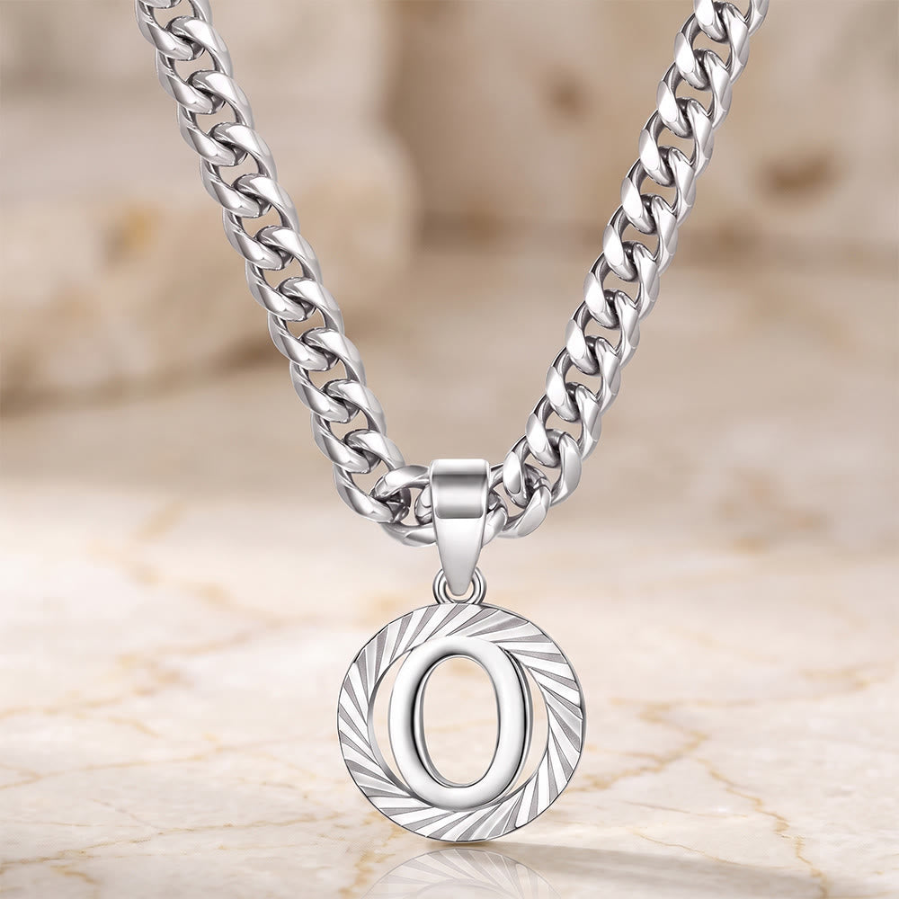 HilalHaven Minimal Engraved Initial Sun‑Ray Disc Heavy Cuban‑Chain Necklace - Silver - O - image 42