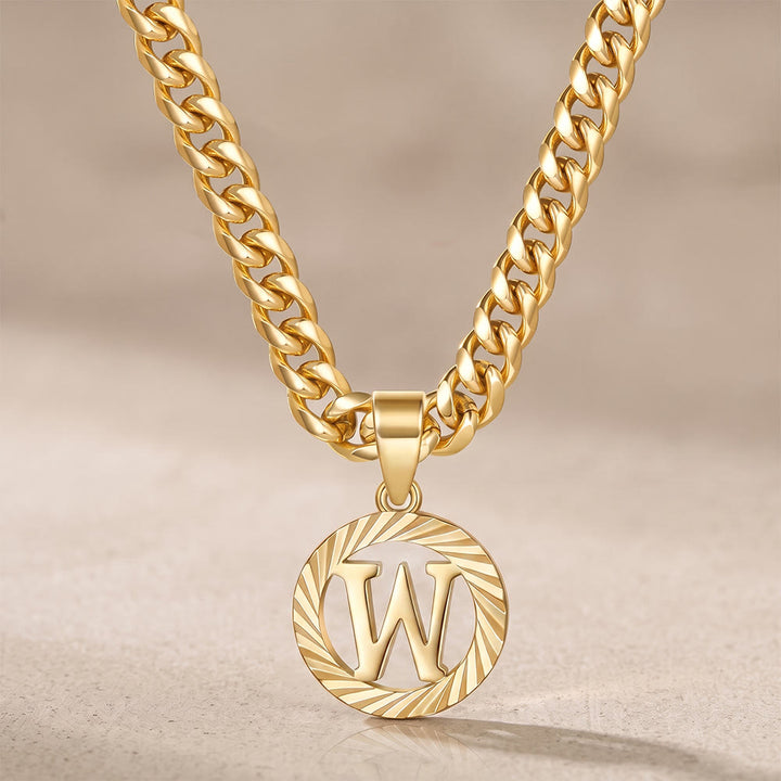 HilalHaven Minimal Engraved Initial Sun‑Ray Disc Heavy Cuban‑Chain Necklace - Golden - W - image 24