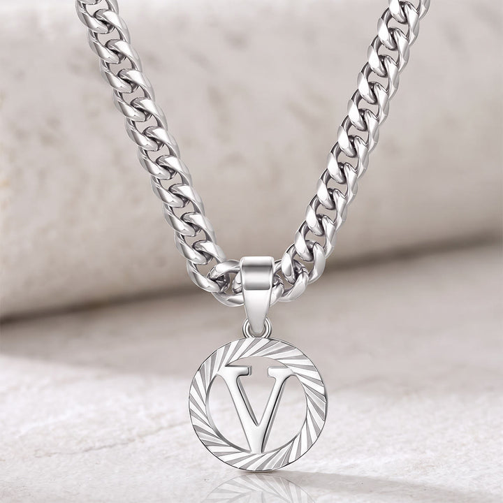 HilalHaven Minimal Engraved Initial Sun‑Ray Disc Heavy Cuban‑Chain Necklace - Silver - V - image 49