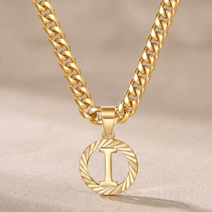 HilalHaven Minimal Engraved Initial Sun‑Ray Disc Heavy Cuban‑Chain Necklace - Golden - I - image 10