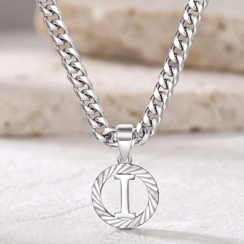 HilalHaven Minimal Engraved Initial Sun‑Ray Disc Heavy Cuban‑Chain Necklace - Silver - I - image 36