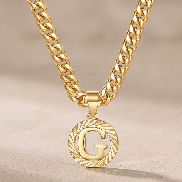 HilalHaven Minimal Engraved Initial Sun‑Ray Disc Heavy Cuban‑Chain Necklace - Golden - G - image 8