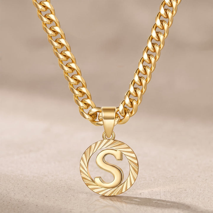 HilalHaven Minimal Engraved Initial Sun‑Ray Disc Heavy Cuban‑Chain Necklace - Golden - S - image 20