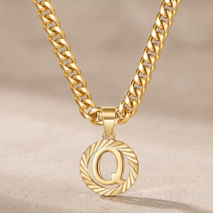HilalHaven Minimal Engraved Initial Sun‑Ray Disc Heavy Cuban‑Chain Necklace - Golden - Q - image 18