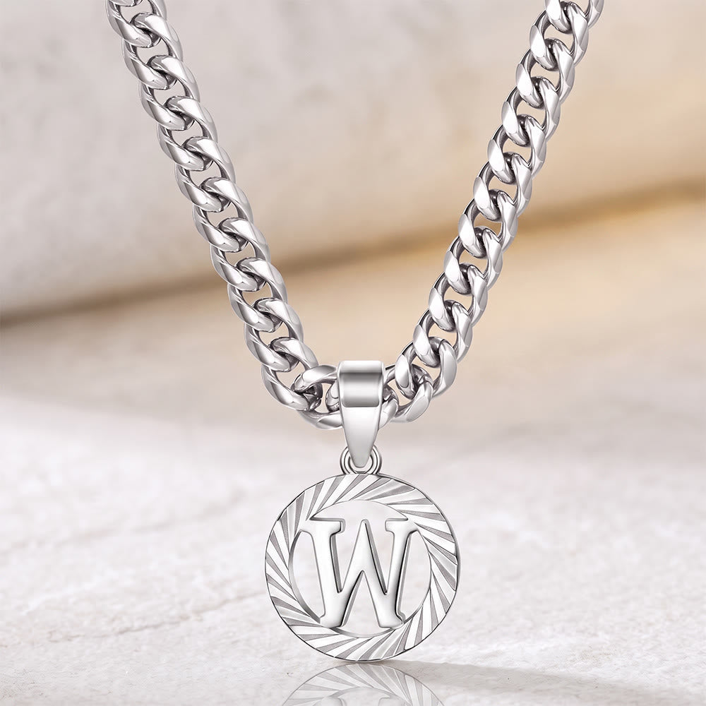 HilalHaven Minimal Engraved Initial Sun‑Ray Disc Heavy Cuban‑Chain Necklace - Silver - W - image 50