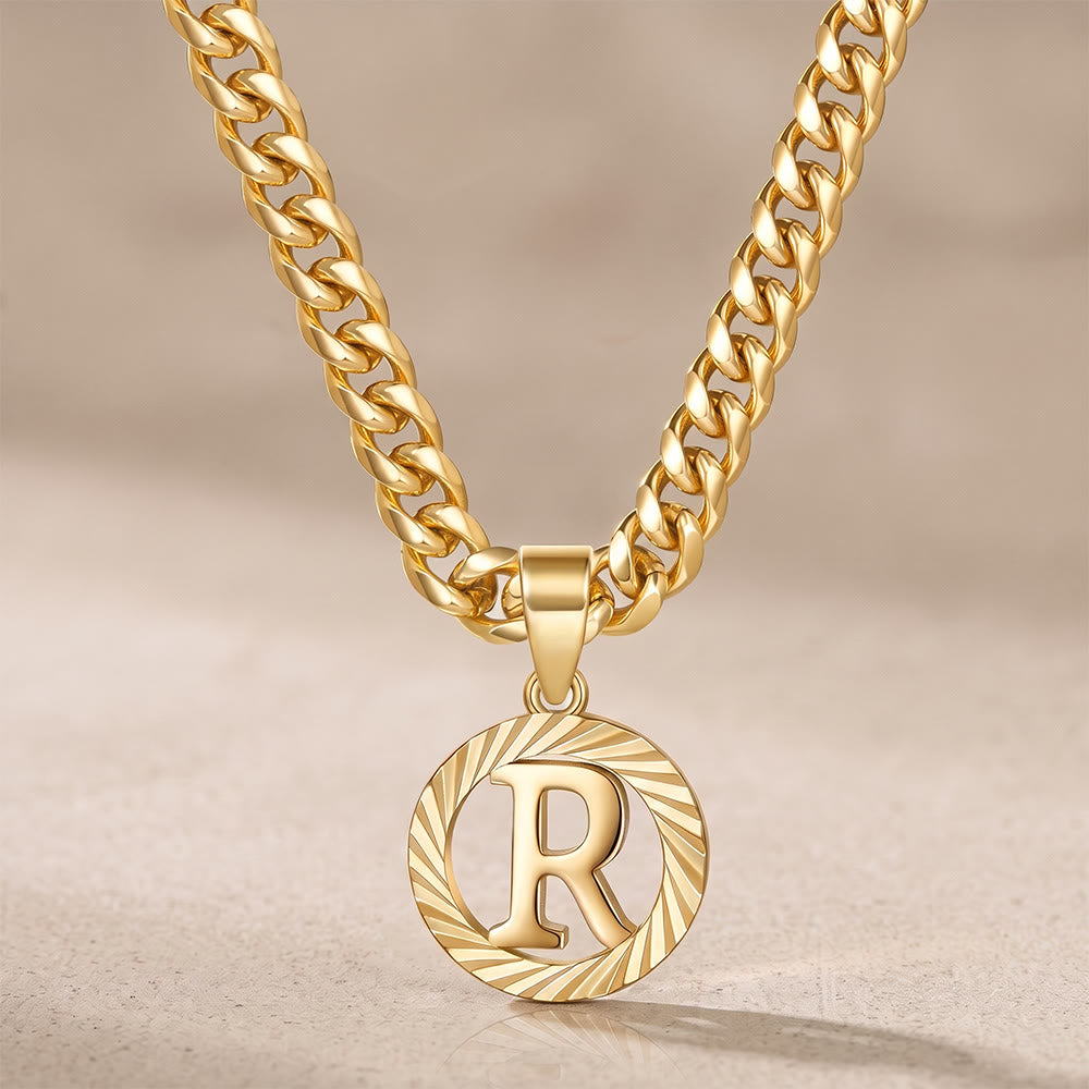 HilalHaven Minimal Engraved Initial Sun‑Ray Disc Heavy Cuban‑Chain Necklace - Golden - R - image 19