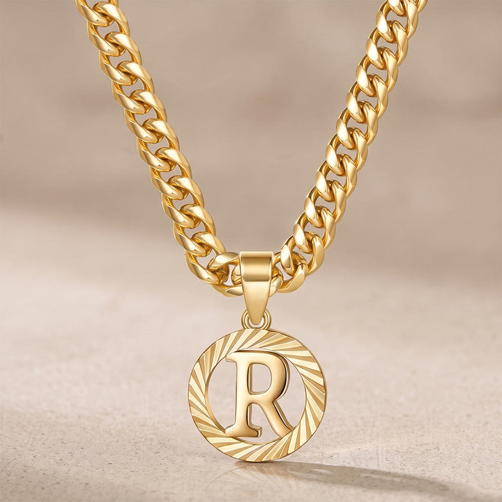 HilalHaven Minimal Engraved Initial Sun‑Ray Disc Heavy Cuban‑Chain Necklace - Golden - R - image 19