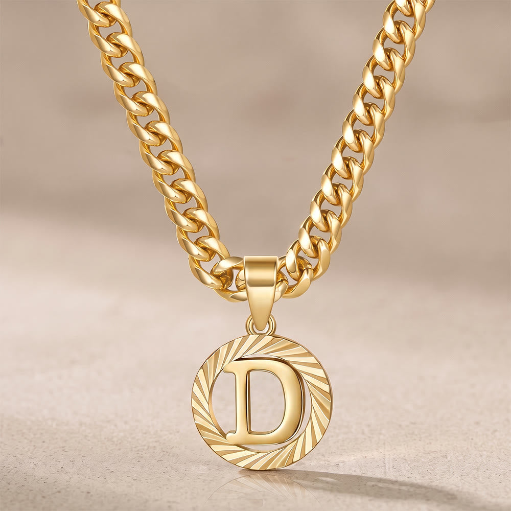 HilalHaven Minimal Engraved Initial Sun‑Ray Disc Heavy Cuban‑Chain Necklace - Golden - D - image 5