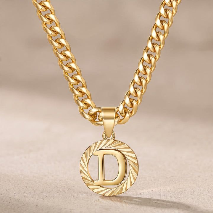 HilalHaven Minimal Engraved Initial Sun‑Ray Disc Heavy Cuban‑Chain Necklace - Golden - D - image 5