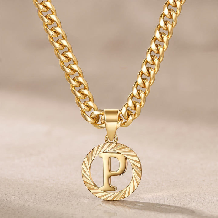 HilalHaven Minimal Engraved Initial Sun‑Ray Disc Heavy Cuban‑Chain Necklace - Golden - P - image 17