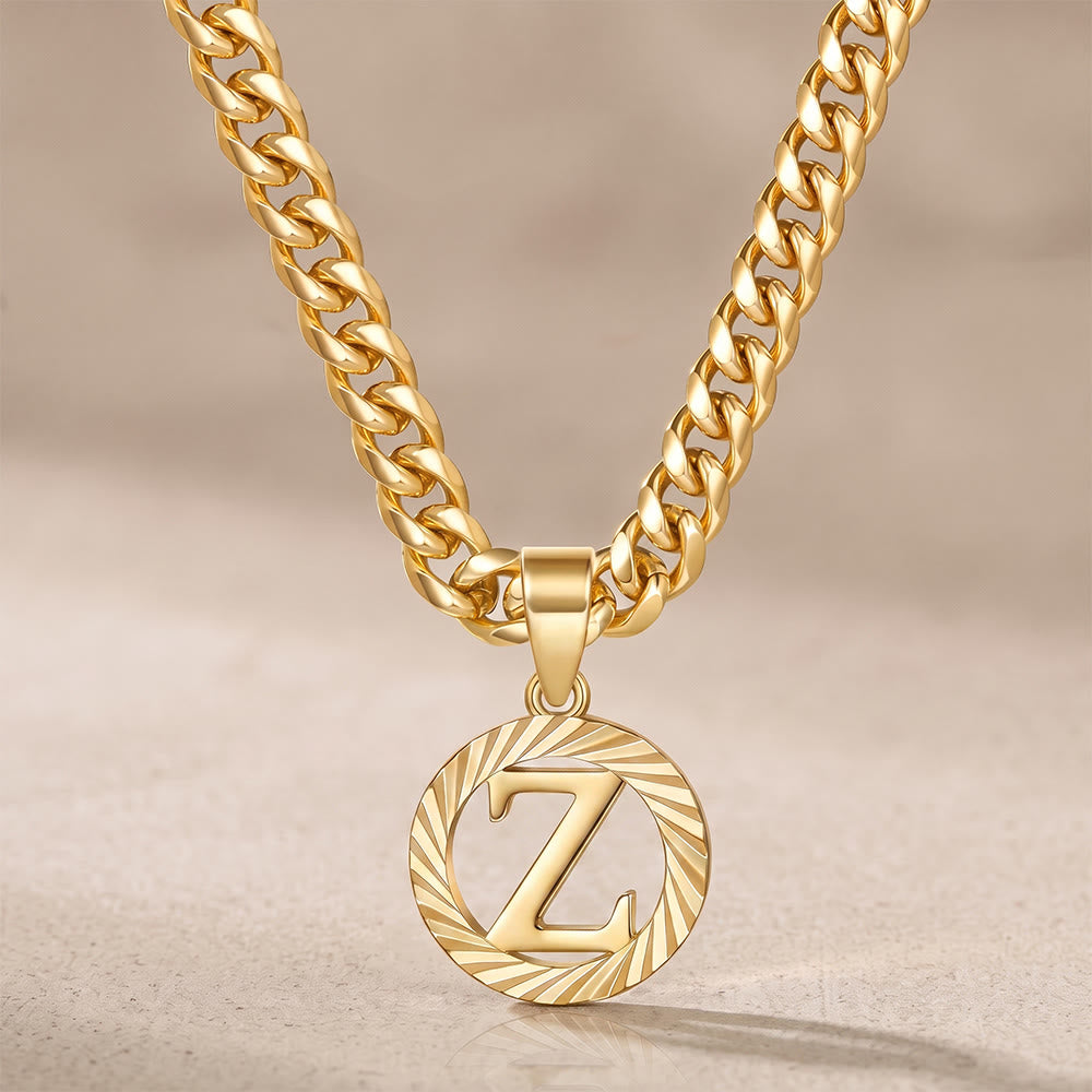 HilalHaven Minimal Engraved Initial Sun‑Ray Disc Heavy Cuban‑Chain Necklace - Golden - Z - image 27