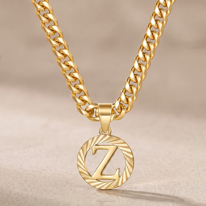 HilalHaven Minimal Engraved Initial Sun‑Ray Disc Heavy Cuban‑Chain Necklace - Golden - Z - image 27