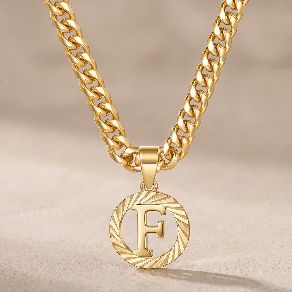HilalHaven Minimal Engraved Initial Sun‑Ray Disc Heavy Cuban‑Chain Necklace - Golden - F - image 7