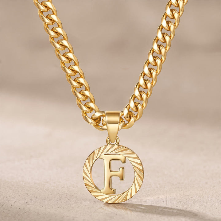 HilalHaven Minimal Engraved Initial Sun‑Ray Disc Heavy Cuban‑Chain Necklace - Golden - F - image 7