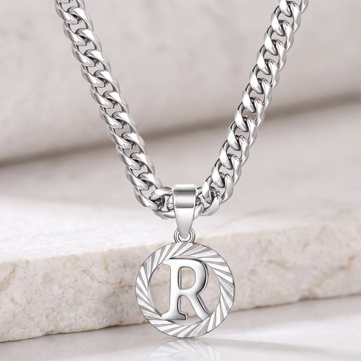 HilalHaven Minimal Engraved Initial Sun‑Ray Disc Heavy Cuban‑Chain Necklace - Silver - R - image 45