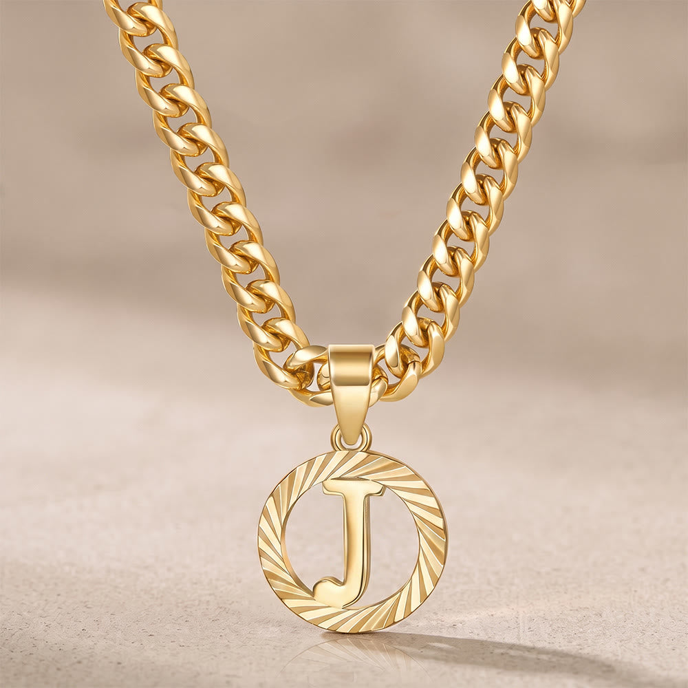 HilalHaven Minimal Engraved Initial Sun‑Ray Disc Heavy Cuban‑Chain Necklace - Golden - J - image 11