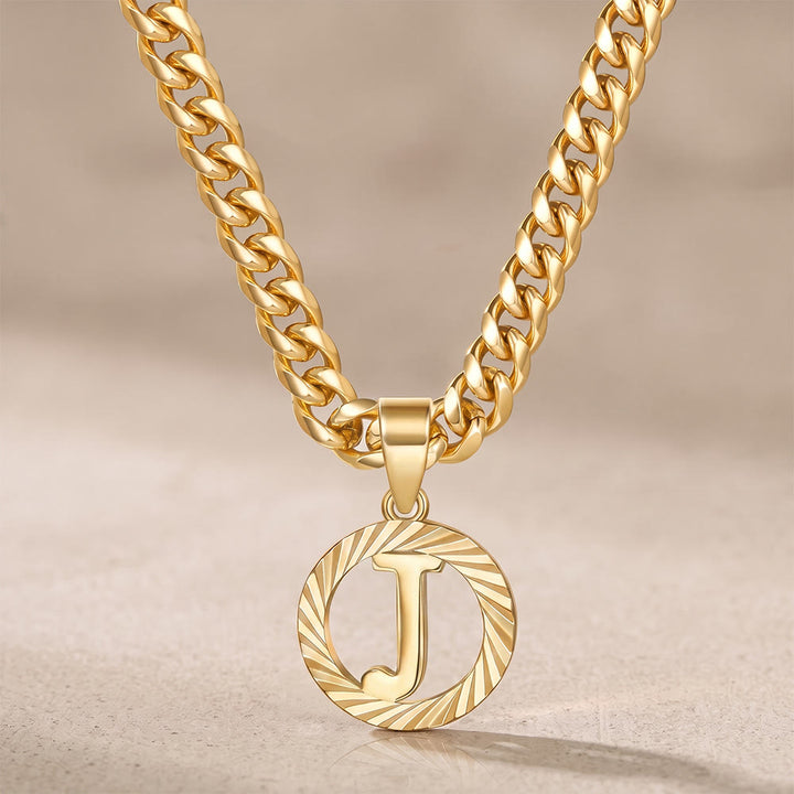 HilalHaven Minimal Engraved Initial Sun‑Ray Disc Heavy Cuban‑Chain Necklace - Golden - J - image 11