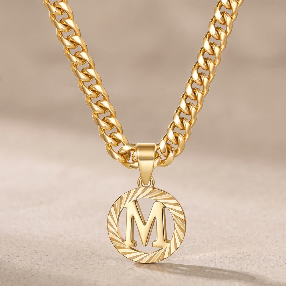 HilalHaven Minimal Engraved Initial Sun‑Ray Disc Heavy Cuban‑Chain Necklace - Golden - M - image 14