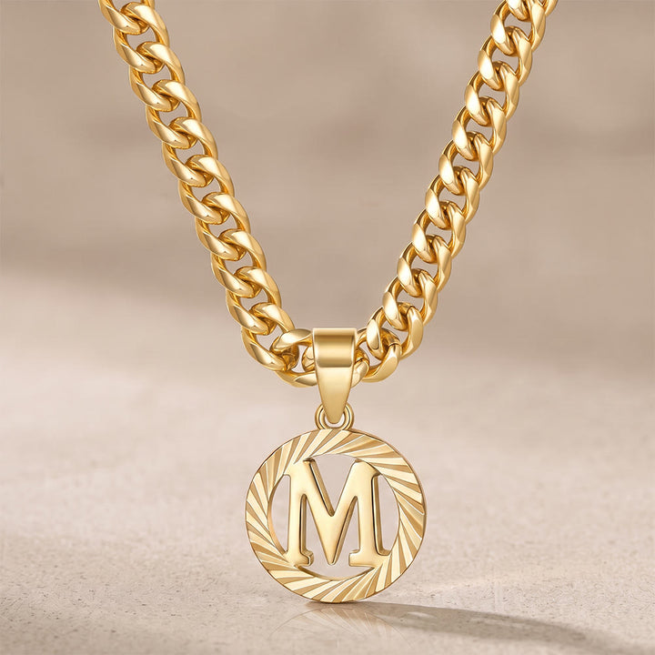 HilalHaven Minimal Engraved Initial Sun‑Ray Disc Heavy Cuban‑Chain Necklace - Golden - M - image 14