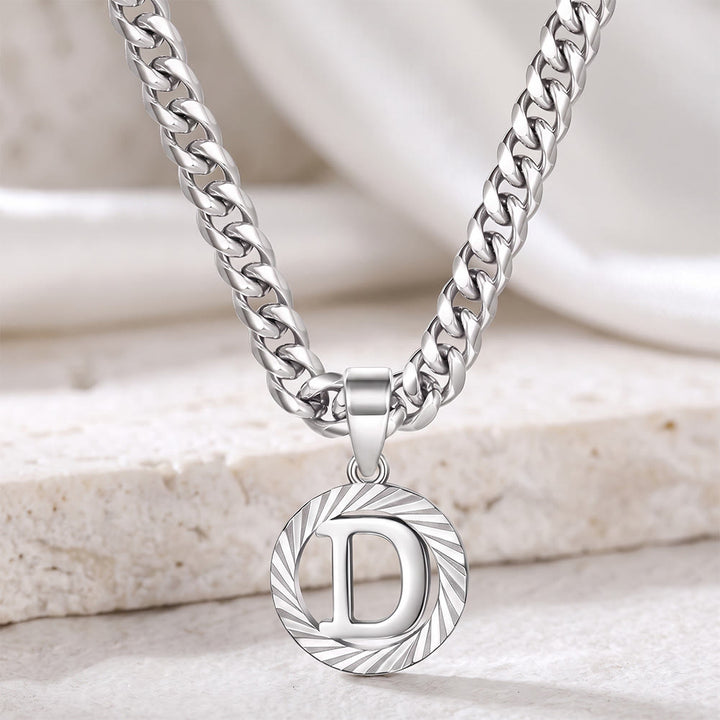 HilalHaven Minimal Engraved Initial Sun‑Ray Disc Heavy Cuban‑Chain Necklace - Silver - D - image 31
