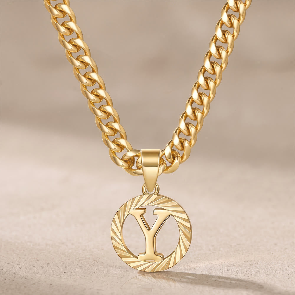 HilalHaven Minimal Engraved Initial Sun‑Ray Disc Heavy Cuban‑Chain Necklace - Golden - Y - image 26