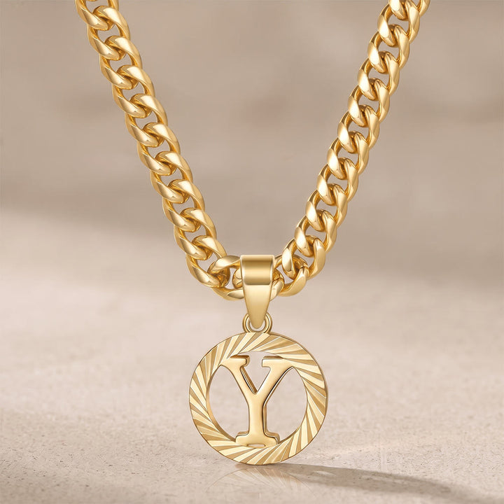 HilalHaven Minimal Engraved Initial Sun‑Ray Disc Heavy Cuban‑Chain Necklace - Golden - Y - image 26
