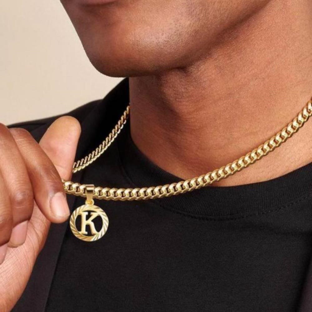 HilalHaven Minimal Engraved Initial Sun‑Ray Disc Heavy Cuban‑Chain Necklace - image 0