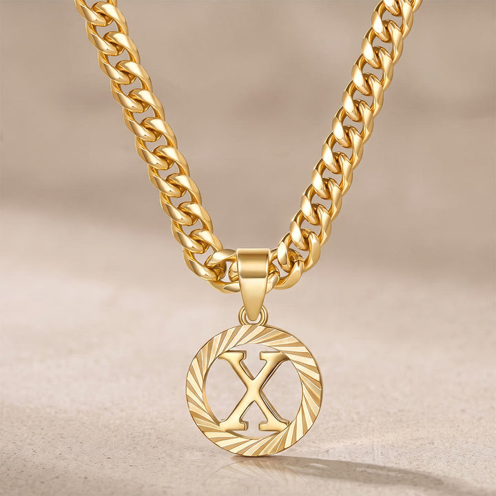 HilalHaven Minimal Engraved Initial Sun‑Ray Disc Heavy Cuban‑Chain Necklace - Golden - X - image 25